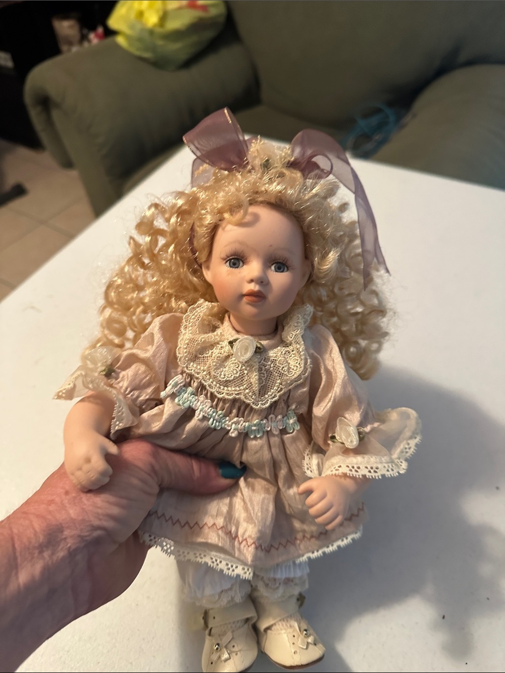 Vintage/Classic Porcelain Doll in Cream Dress with Blonde Curls
